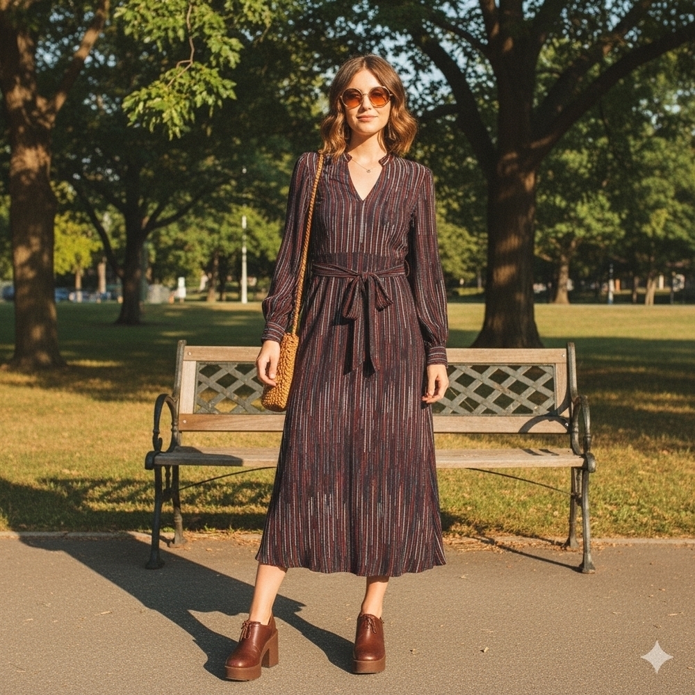 Traffic People Women's S Multicolor Stripes Retro 70's Long Sleeve Midi Dress